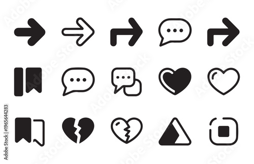 Collection of simple vector arrow and social media icons in black and white isolated on white background.