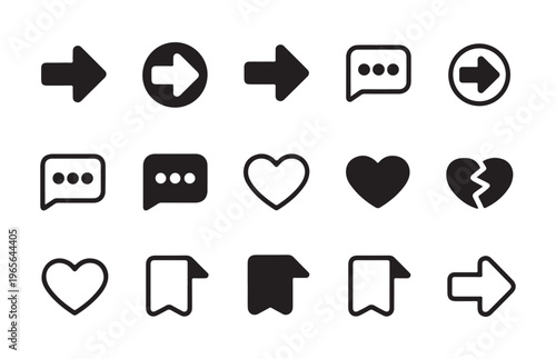 Group of different arrow and social media related icons in black color on white background vector set.