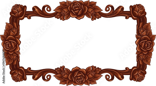 A beautifully crafted brown chocolate picture frame adorned with roses and leaves on a white background