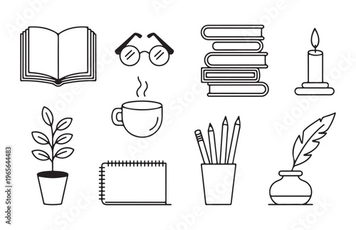 Collection of writing and study related icons vector outline style isolated on white background.