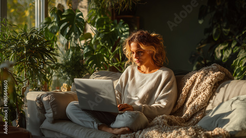 Young professional working on laptop in cozy living room.