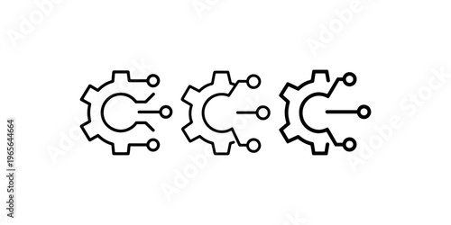 Industrial gear machine settings icon pack featuring cogwheel parts and electronic circuit components for automation engineering and software development
