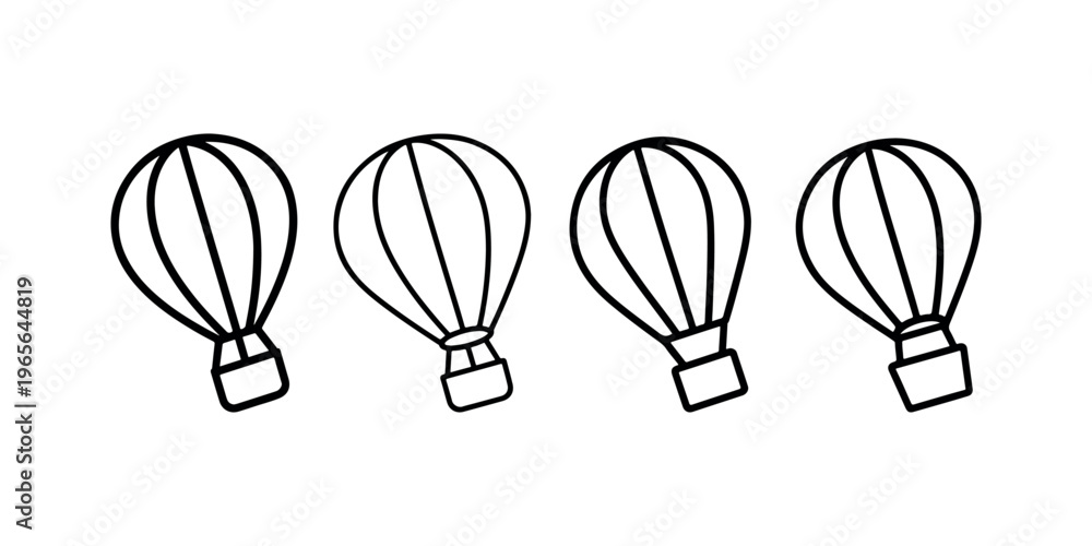 Naklejka premium Hot air balloon line icon set featuring flying aircraft with basket for adventure travel tourism outdoor recreation summer activity and extreme sports