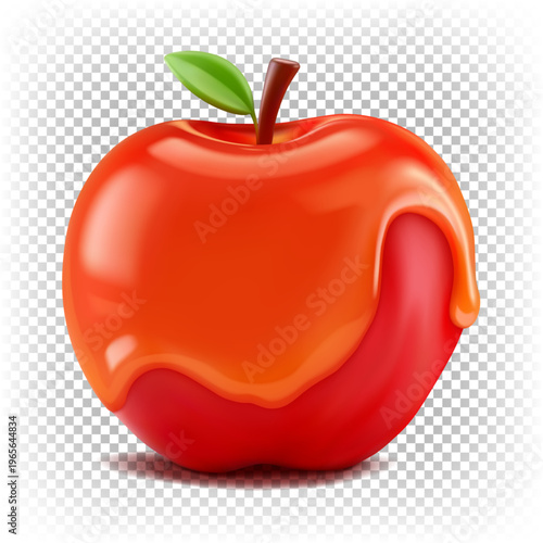 A whole red apple drizzled with clear sugar caramel. 3D realistic vector illustration.