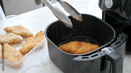 Crispy chicken cutlets being carefully placed into an air fryer basket for quick and healthy cooking