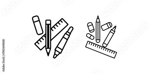 School stationery items set including ruler pencil eraser and marker in flat outline style for back to school marketing and education supply store design