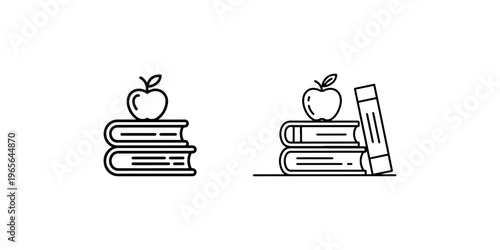 Stack of books with apple on top icons for academic success and teaching concepts isolated on white background for library and bookstore marketing visuals