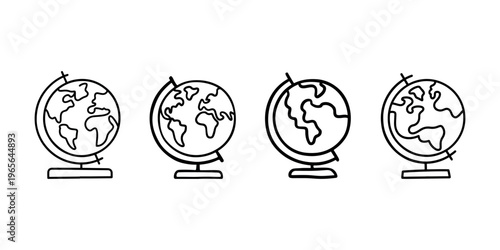 Four stylized globe icons on white background, illustrating world map and global connection, suitable for geography and travel themes