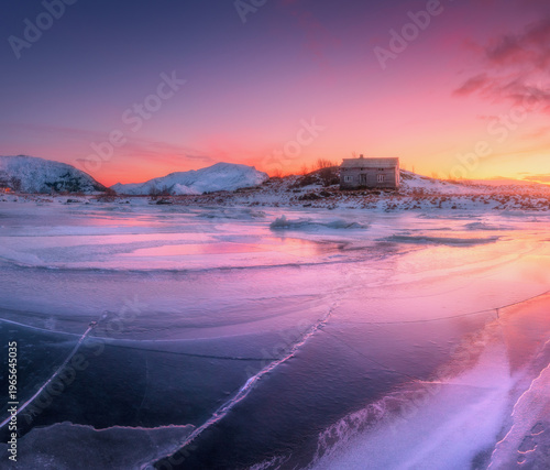 Frozen sea coast and house ...