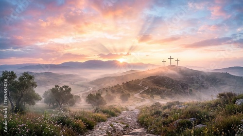 Three crosses on a misty hill at sunrise above a winding path and flowering meadow, creating a peaceful Christian landscape that symbolizes faith, sacrifice, hope, resurrection, and Easter.