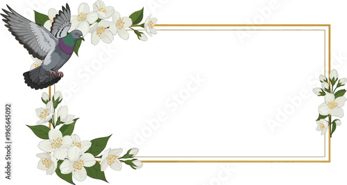A beautiful illustration of a pigeon flying near white flowers and a gold frame on a white background