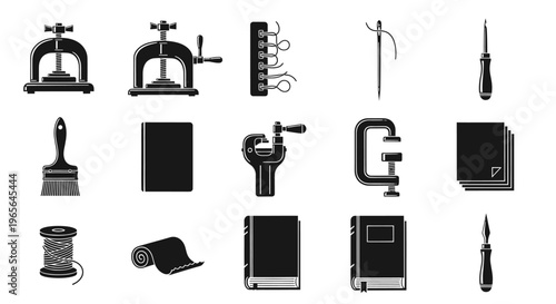 Black and White Vector Icons of Leatherworking and Bookbinding Tools