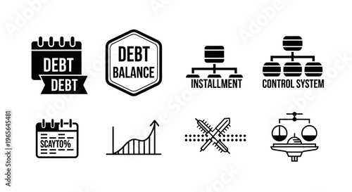 Financial Debt Icons: Calendar, Balance, Installment, Control System, Growth, Scale