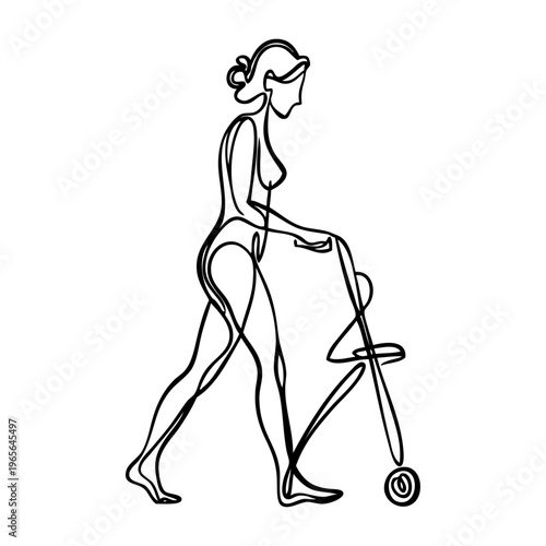 Dibujo sencillo con una única línea de una mujer usando un andador de movilidad para los desplazamientos diarios