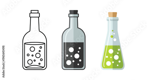 Three glass bottles with liquids and bubbles for science or potion design