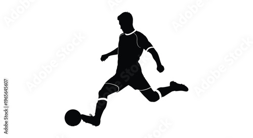 Soccer player kicking a ball in a dynamic running motion on the field