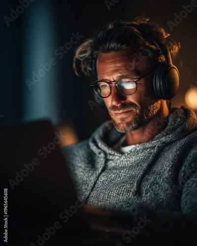 Young professional working on laptop with wireless headphones.
