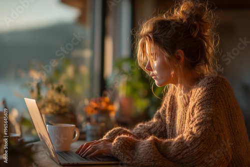 Young professional woman working on laptop in cozy setting.