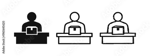 Customer receiving package at counter icon set. Delivery, pickup point, or logistics concept.