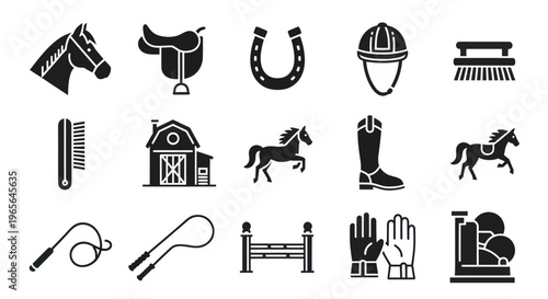 Horse Riding Icons Set: Black  White Glyphs for Equestrian Sport