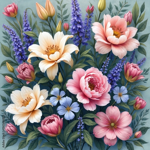 Delicate watercolor floral arrangement features blooming peonies lilies lavender, buds in soft pink peach, blue hues against muted teal backdrop. Rich green foliage surrounds various blossoms,
