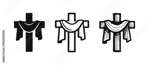 Christian cross with draped cloth icon set. Easter, Lent, or resurrection religious symbol.