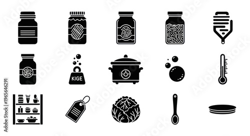 Black  White Food Icons: Jars, Kitchenware, Produce, and Utensils Glyph Set