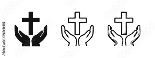 Hands Holding Christian Cross Icon Set Symbolizing Faith, Prayer, and Devotion
