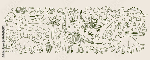 dinosaur skeleton fossil art, prehistoric bones line art, paleontology science vector sketch, museum exhibit illustration, jurassic era drawing, archeology branding icons, educational nature art
