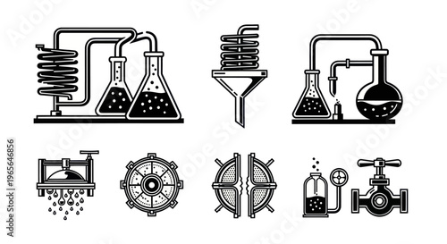 Black  White Icons of Chemistry Lab Equipment and Industrial Tools