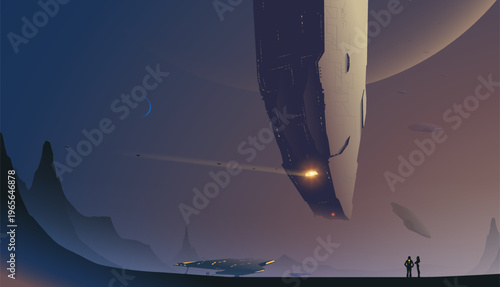 Massive mothership deploying smaller exploration crafts on alien planet.