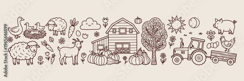 rural farmhouse harvest art, pumpkin patch line art, barn and autumn tree, fall season vector sketch, farm life illustration, thanksgiving branding icons, country landscape drawing
