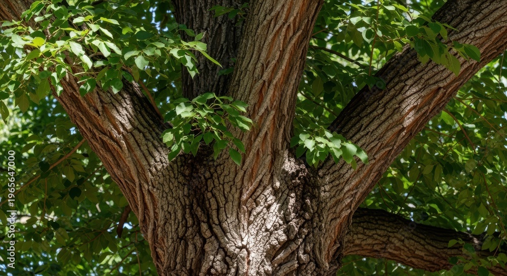 Obraz premium Birds resting amidst lush green forest canopy and tall tree trunks