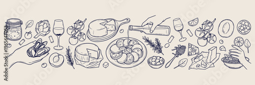 gourmet charcuterie board illustration, wine pouring and cheese sketches, appetizer party line art graphics, culinary pairing aesthetic elements, hand drawn food and drink vector, restaurant social ho