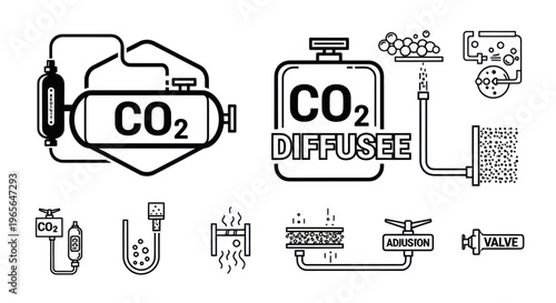 CO2 Diffuser System Icons: Industrial Equipment, Line Art