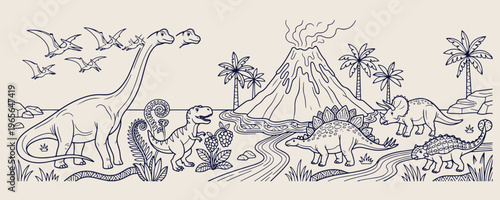 dinosaur volcano landscape art, prehistoric jurassic line art, t-rex and stegosaurus, volcano eruption vector sketch, children education illustration, adventure land drawing, extinct animal nature sce