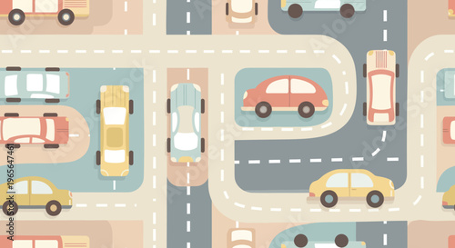 Flat Design Seamless Pattern of Cars on Roads, Automotive Vector Art