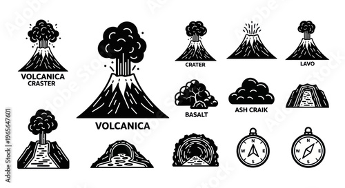 Volcano Icons Set - Black and White Line Art Graphics