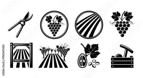 Agriculture Icons: Grapes, Pruning Shears, Field, Harvest Basket, Fruit