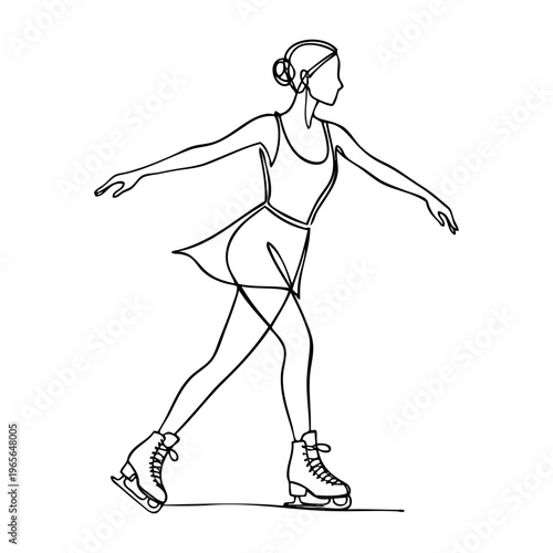 Logotipo patinaje sobre hielo. Dibujo sencillo con una línea continua de una mujer en una elegante pose de patinaje artístico	