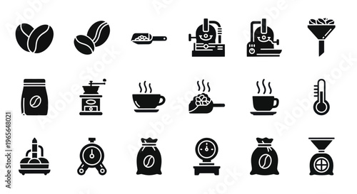 Coffee Icons: Roaster, Grinder, Beans, Cup, Thermometer, Scale, Bag, Funnel, Scoop Glyph