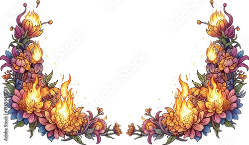 A vibrant floral border with burning flowers on a white background