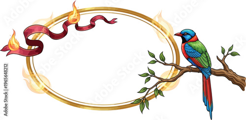 A vibrant parrot perches on a tree branch surrounded by a fiery golden frame with a flowing red ribbon.