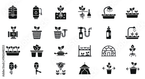 Set of Glyph Icons for Hydroponics Farming and Plant Cultivation