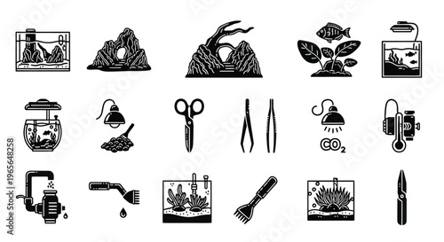 Aquarium Icon Set: Black and White Line Art Collection
