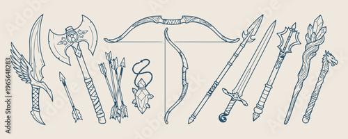 archery bow and arrow, medieval weapon line art, hunting and sport vector, target practice sketch, fantasy warrior equipment drawing, recurve bow illustration, outdoor activity branding element