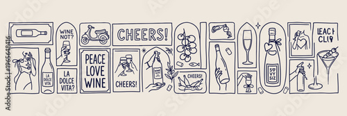 cheers wine bar vector, bottle and glasses line art, happy hour social sketch, cheers typography illustration, party and celebration icons, alcohol and drink branding, restaurant menu graphic element
