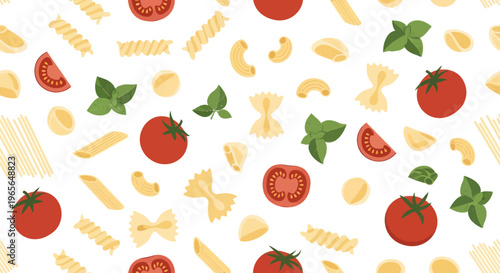 Italian Food Pattern: Tomatoes, Pasta, Basil, Flat Design