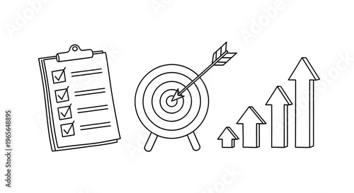 Business strategy, target goals, and growth icons, minimal line style