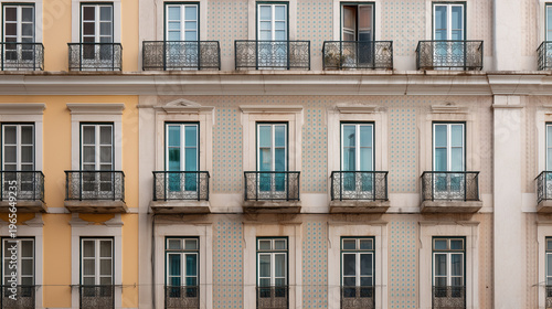 Ultra-realistic photograph of a traditional Pombaline building facade in a residential neighborhood of Lisbon, historic 18th-century architecture, symmetrical windows with wrought